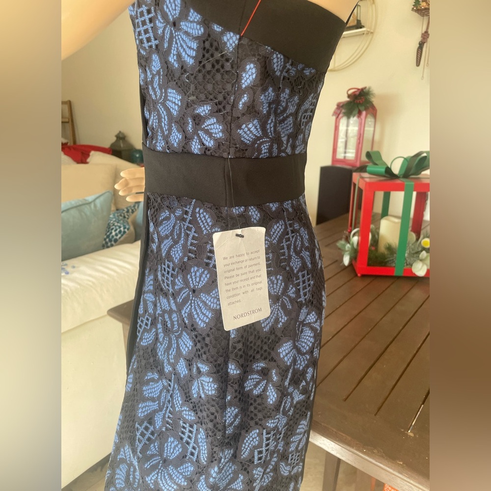 NWT Harlyn Blue & Black Lace Faux-Wrap Cocktail Dress - Size S